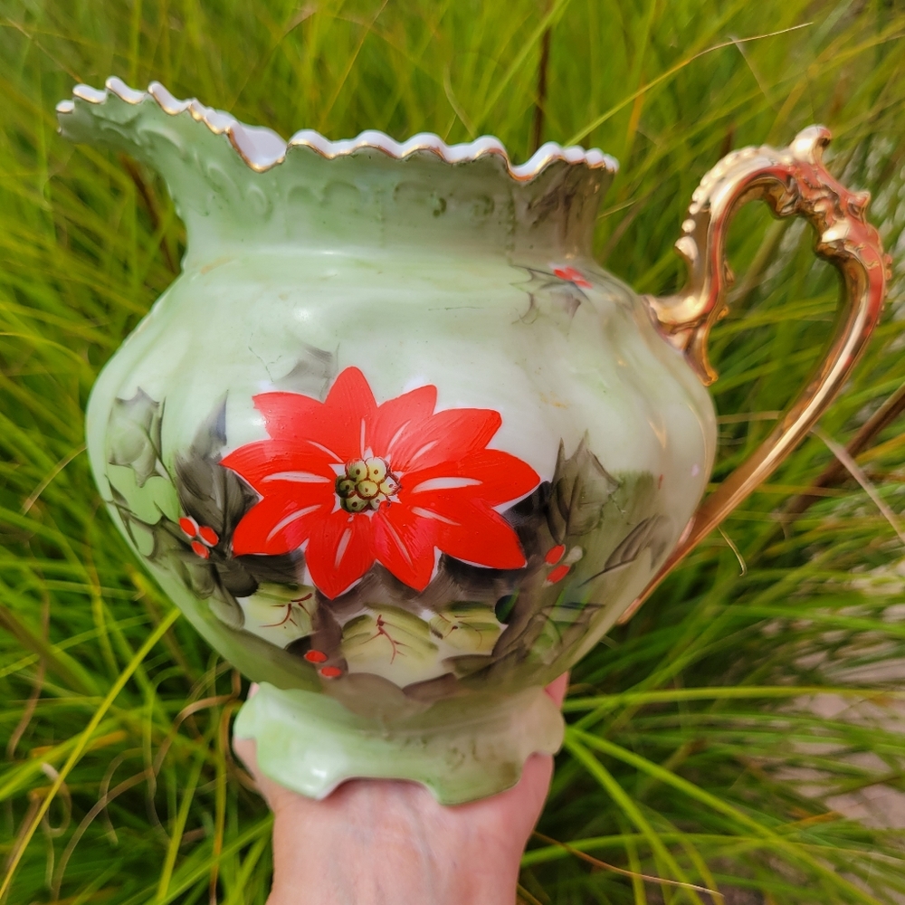 Vintage Lefton Hand-Painted Poinsettia Limited Edition Pitcher 4389 ~ Christmas